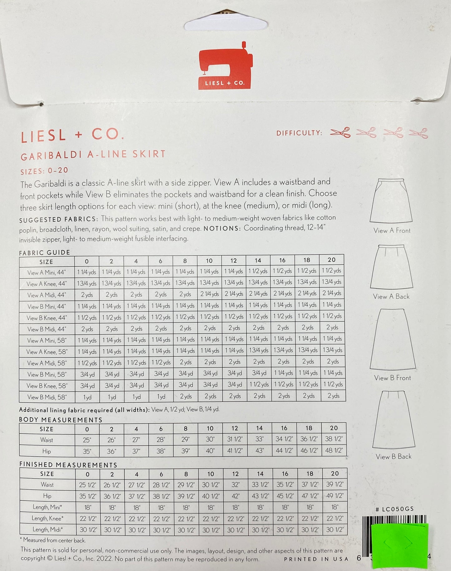 Garibaldi A-line Skirt pattern by Liesl & Co in sizes 0-20