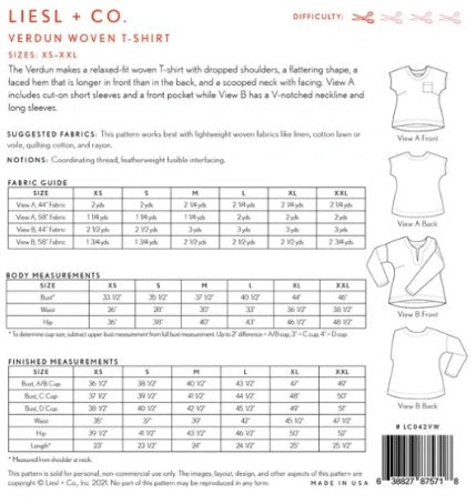 Verdun Woven T Shirt Pattern by Liesl & Co - Sizes from XS to XXL