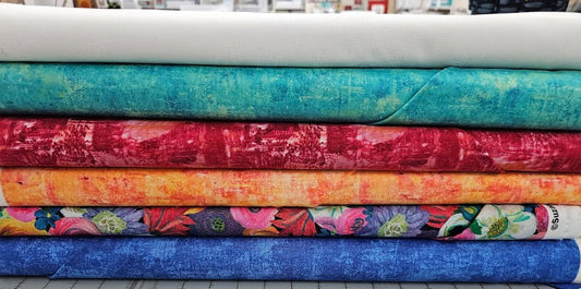 Mystery 50: Happy Go Lucky Fat Quarter Bundle: Curves and Vines: teal, red, blue, orange