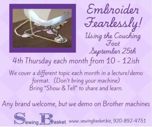 Machine Embroidery Group - Couching on your embroidery machine, Thursday, Sept 25th, 10 am