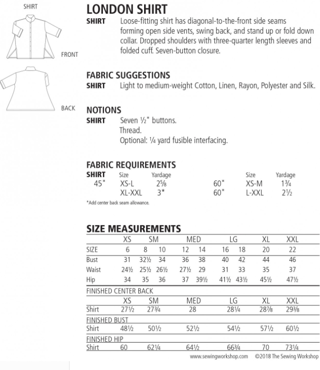 London Shirt pattern by Sewing Workshop - Multi Size - great pattern for beginning clothing sewists