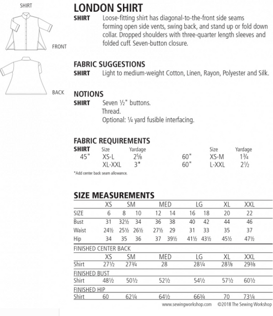 London Shirt pattern by Sewing Workshop - Multi Size - great pattern for beginning clothing sewists