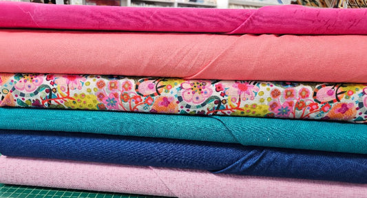 Mystery 50: Happy Go Lucky Fat Quarter Bundle: Winding Twigs: teal, pink, blue