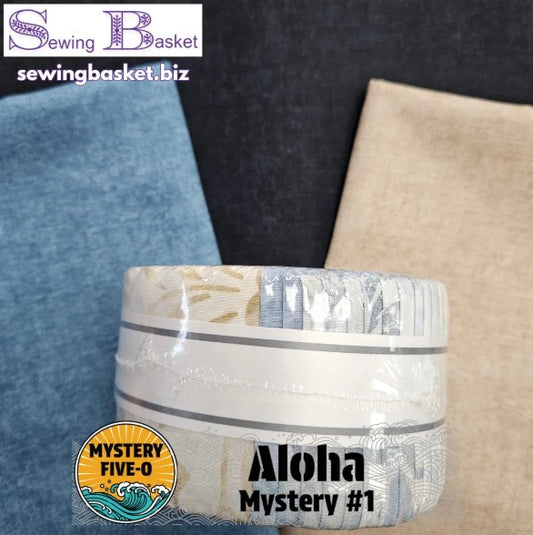 Aloha Mystery quilt fabric kit, Dk blue, Med blue, Lt brown, Morning Mist