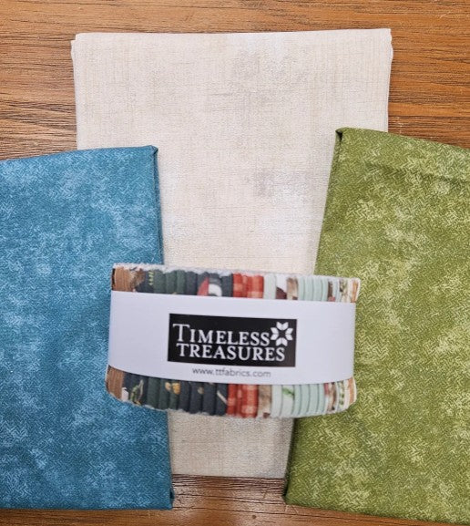 Aloha Mystery fabric kit, blue, green, Into The Wood fabric strips
