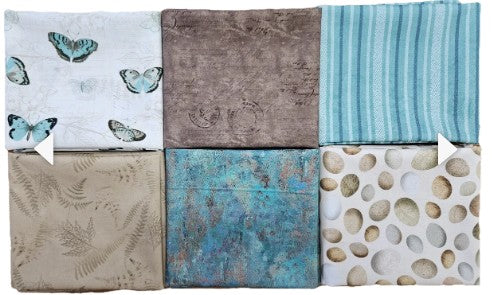6 Fat Quarters - Teal, beige, brown, butterflies