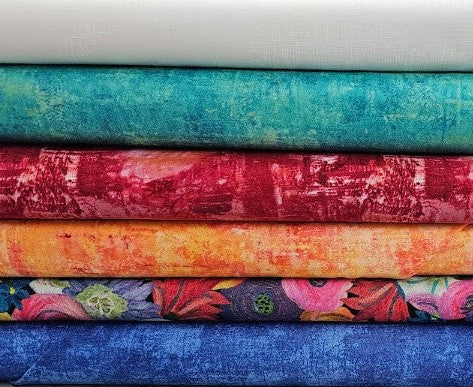 Mystery 50: Happy Go Lucky Fat Quarter Bundle: Curves and Vines: teal, red, blue, orange