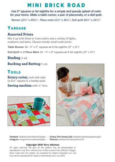 Atkinson Designs - Mini Brick Road Pattern - great for Runner, Place Mats, Doll Quilt
